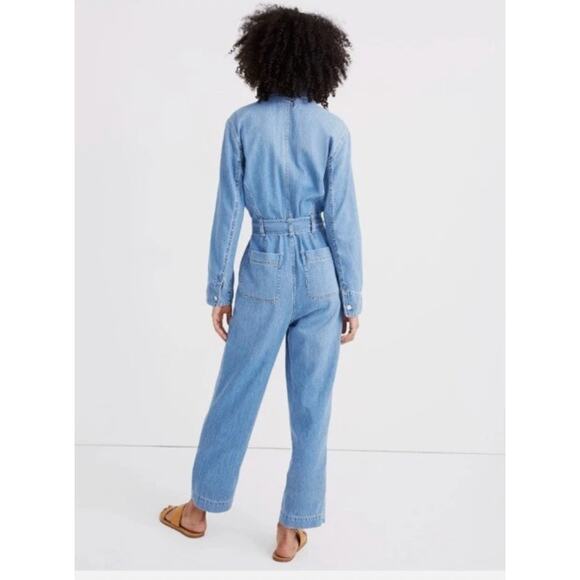 Madewell Denim Tie Waist Jumpsuit Womens Medium Blue Coverall Preppy Hipster - Picture 3 of 16